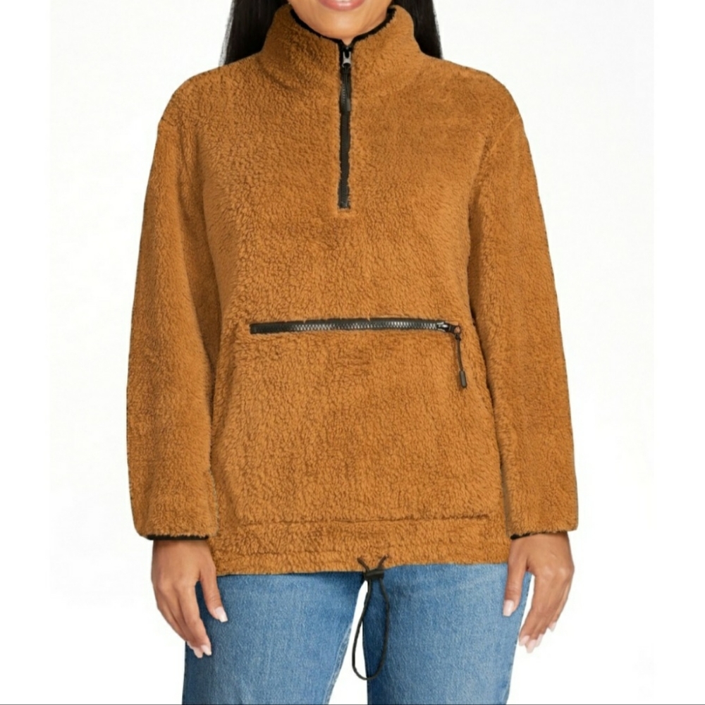 Plus Size XXL 19 New Brown Sherpa Mock Neck Half Zip Pullover Furry Cozy New